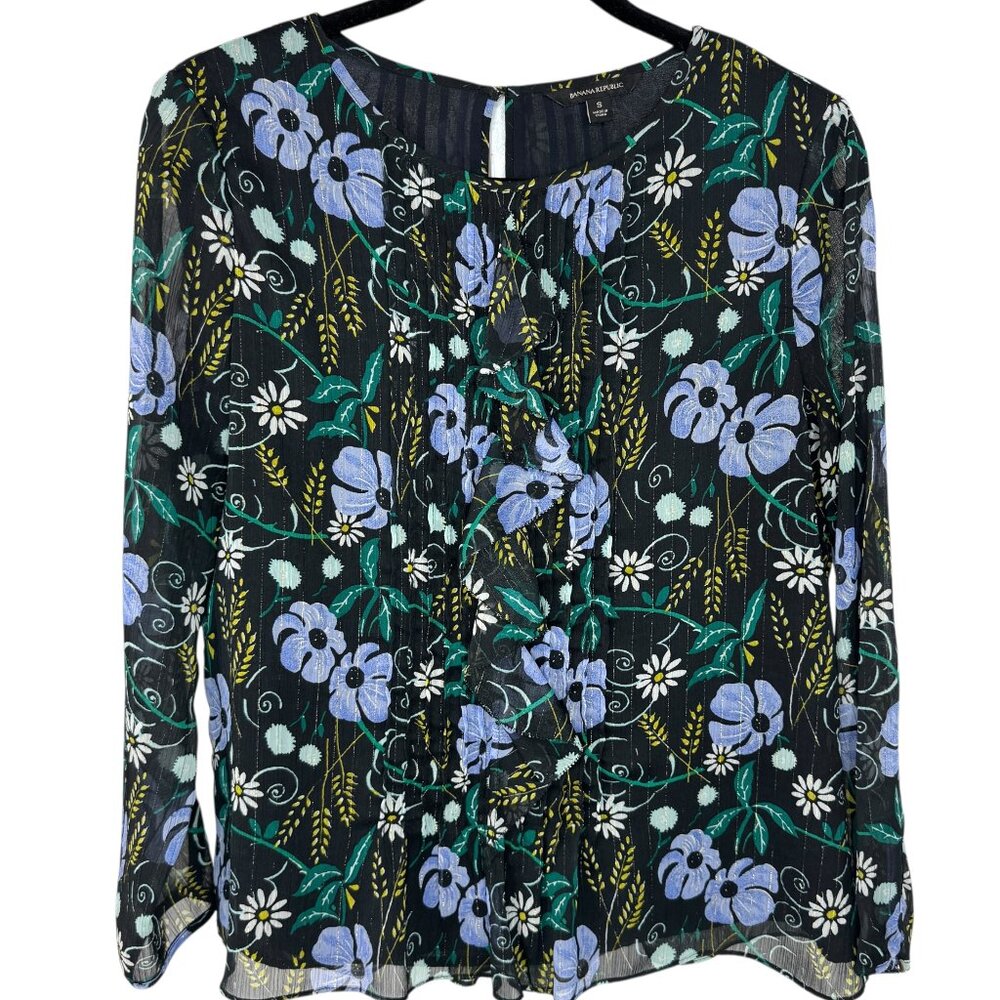 Banana Republic Floral Sheer Ruffle Blouse - Black & Purple Botanical - Size M